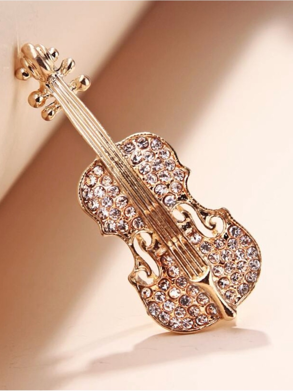 Gold Rhinestone Violin Brooch